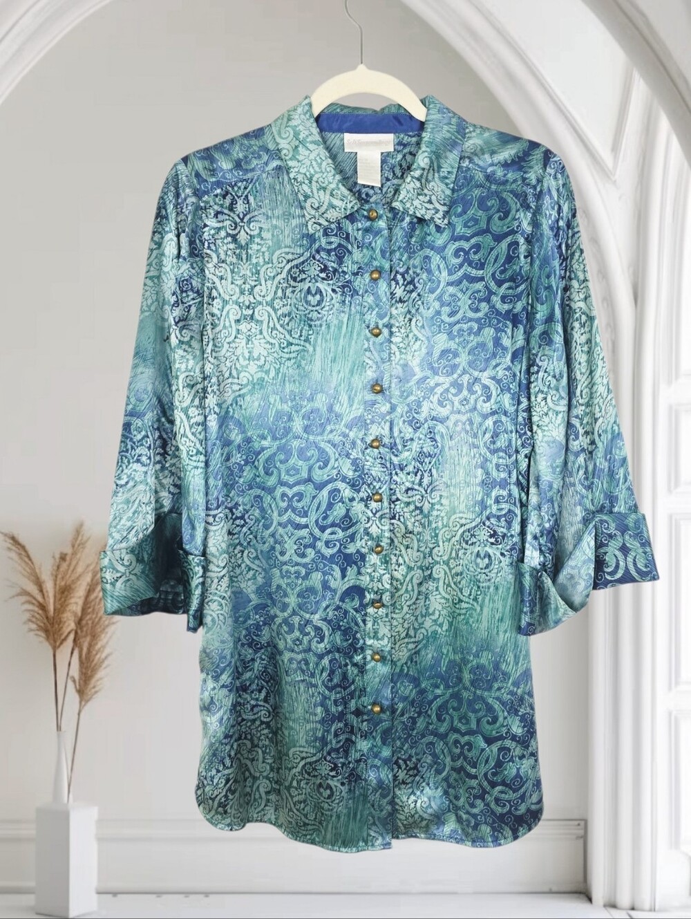 Soft Surroundings 100% Silk Blue Tie Dye Paisley Tunic Blouse Size Mediu